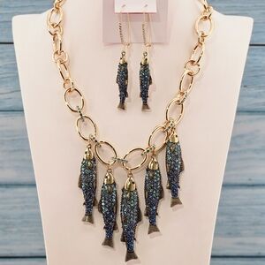 Betsey Johnson Necklace & Earrings Set Mermaid Jewels Sardines Fish Beach Gift